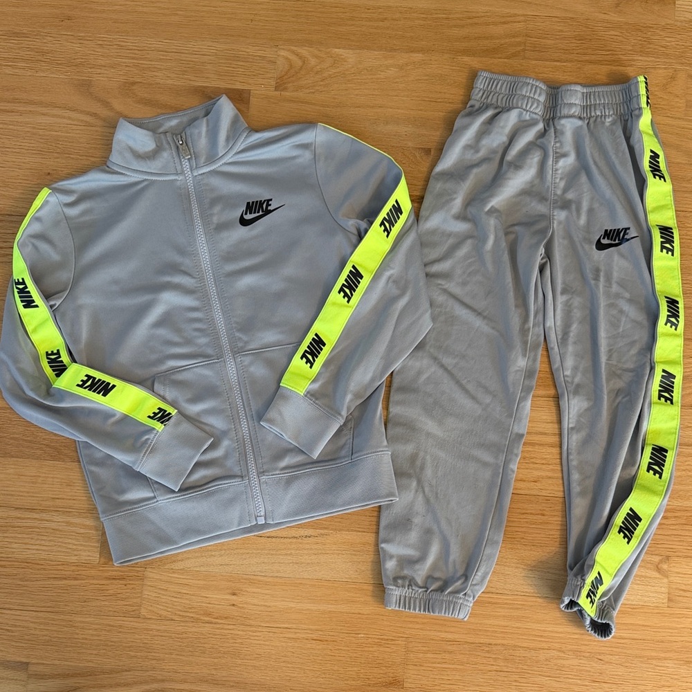 Nike Light Gray Matching Tracksuit with Neon Yellow Logo Tape Trim, size 6